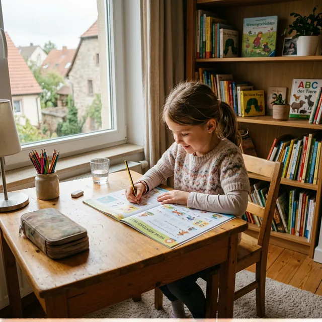 Iskolás lány az íróasztalánál koncentráltan dolgozik a feladatlapon — figyelemfejlesztés 6-8 éveseknek