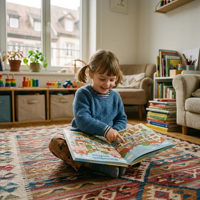Kislány a szőnyegen képeskönyvet néz, rejtett tárgyakra mutat — vizuális figyelemfejlesztő gyakorlat