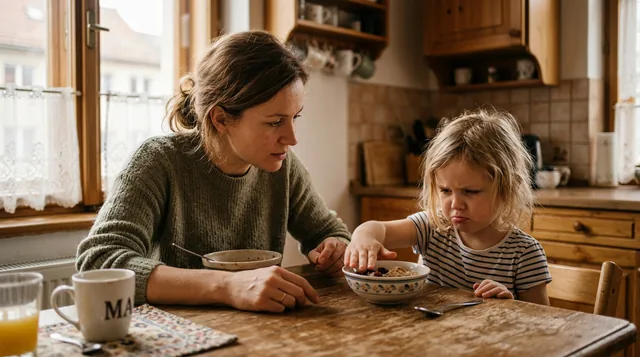 Reggeli hiszti a konyhában — gyerek eltolja a tálat