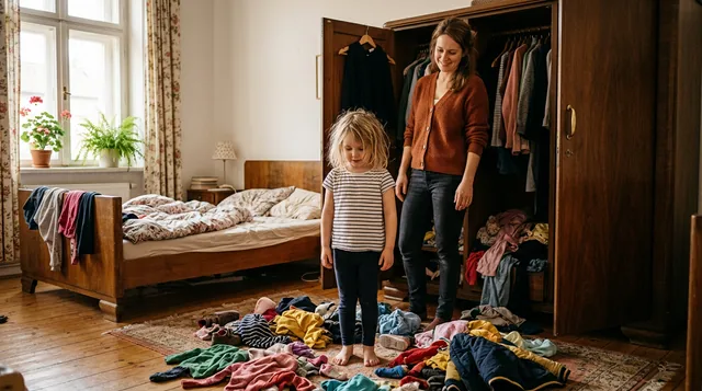 Öltözködési harc — gyerek a szekrény előtt szétszórt ruhákkal