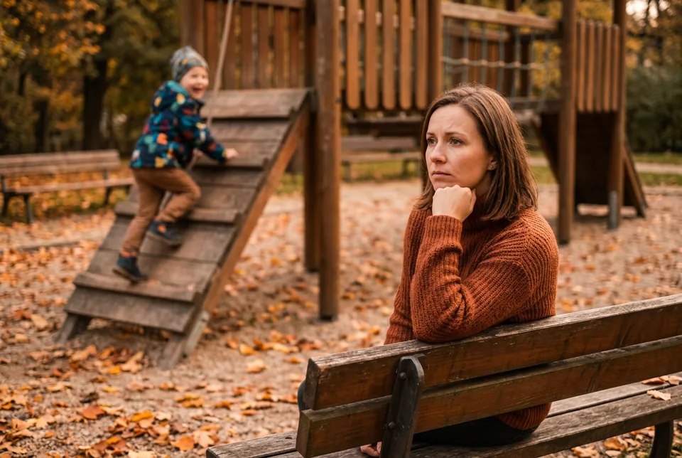 Gondterhelt anya a parkban — figyeli játszó gyermekét miközben az iskolakezdésen gondolkodik