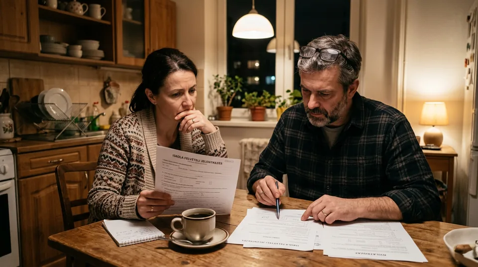 Aggódó szülők dokumentumokkal a kezükben – iskolaérettségi döntés