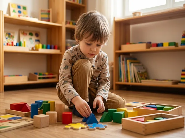 Kisfiú a padlón faépítőkkel és kirakókkal játszik — szín és forma szerinti válogatás