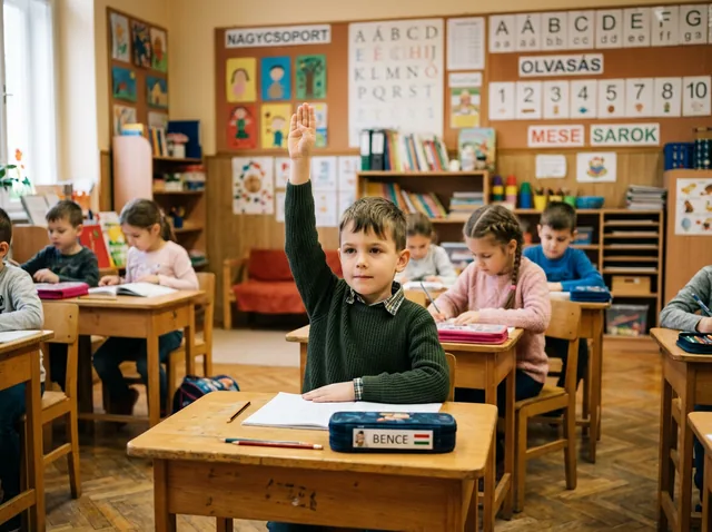 Kisfiú türelmesen jelentkezik az osztályteremben — érzelmi érettség és szabálykövetés