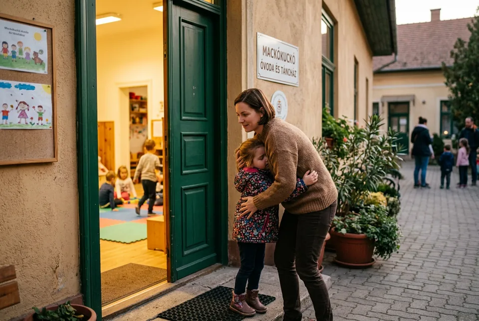 Anyuka megöleli gyermekét az ajtóban – bizalom és melegség