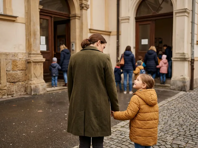 Szülő és gyerek háttal sétálnak el az épülettől — feladták, hazamennek, elveszett a lehetőség