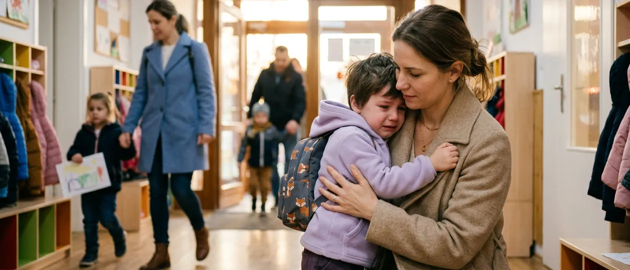 Anya megöleli síró kisgyermekét az óvoda folyosóján – szorongó gyermek elválási nehézsége