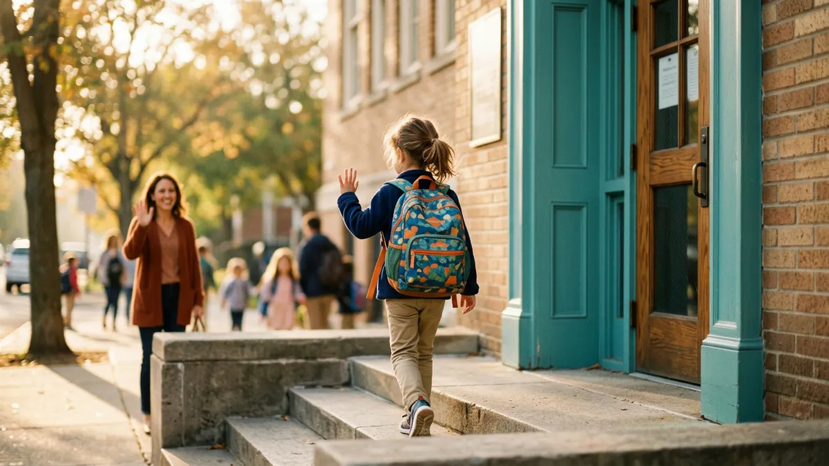 Magabiztos kisgyermek hátizsákkal belép az iskola ajtaján és hátrafordulva integet az anyjának – sikeres felkészülés az iskolára