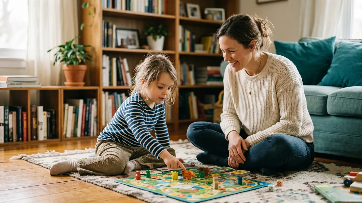Anya és kislánya egyutt játszanak fejlesztő társasjátékkal a nappaliban