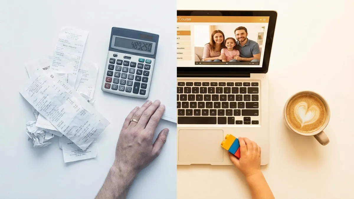 Költségek összehasonlítása: számlák és számológép a drága szakemberi óradíjakról vs. online kurzus laptopon kávéval és játszó gyermekkel – figyelemfejlesztés megtakarítás