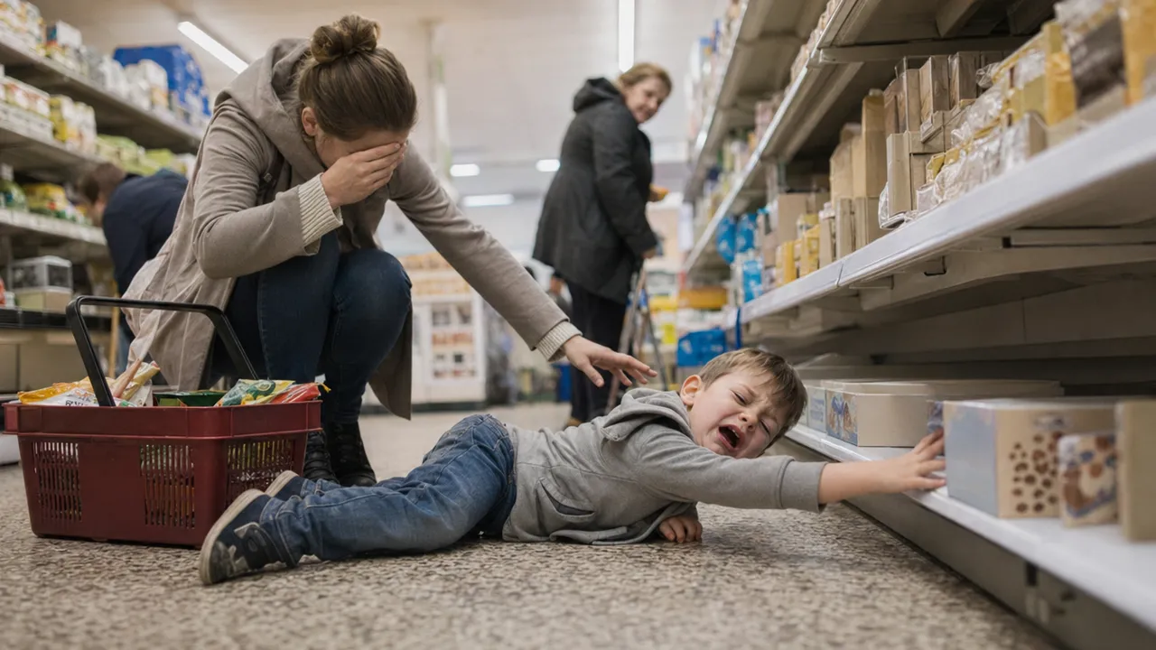 Anyuka térdelve takarja arcát szégyenében — kisgyermek nyilvános hisztije a bolt padlóján