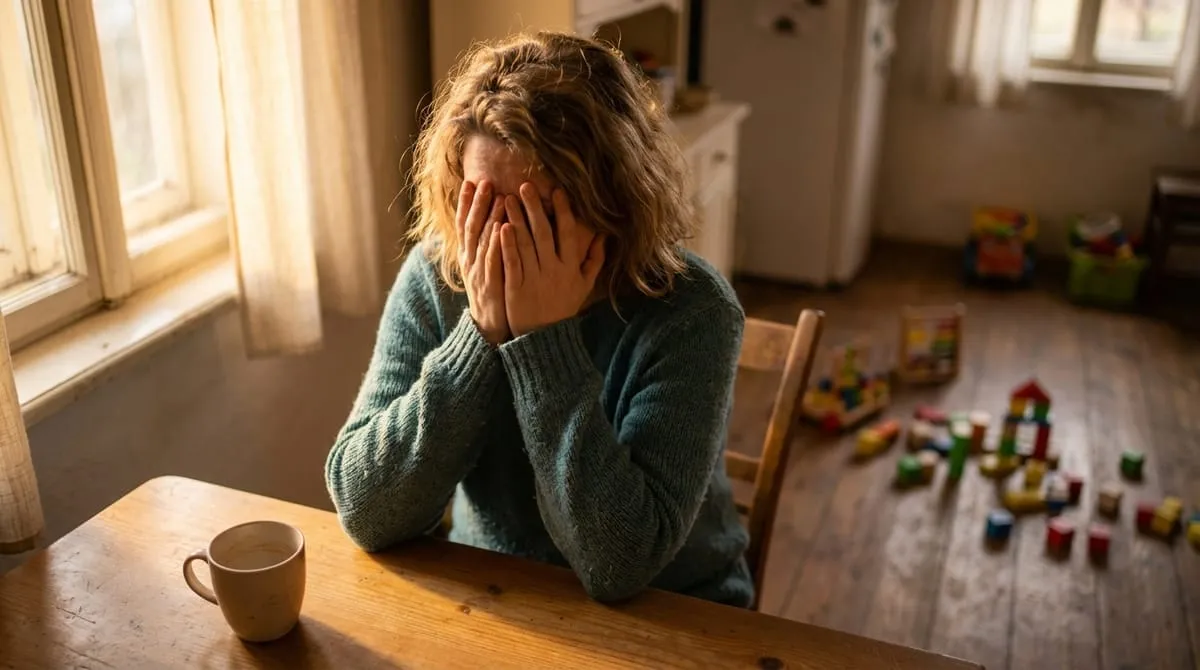 Kimerült anyuka a konyhában, szétszórt játékok a háttérben