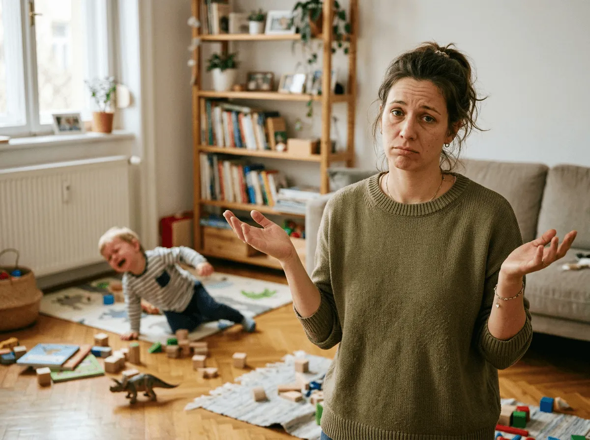 Kimerült édesanya tehetetlenségérzettel, toddler a háttérben hisztizik