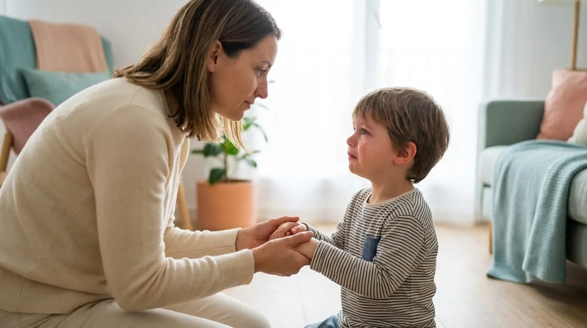 Szülő és gyerek szemkontaktusban, gyerek könnyeit törlik