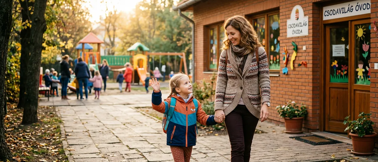Boldog anya és magabiztos kisgyermeke kézen fogva sétálnak az óvodába – mosolygó gyermek búcsút int