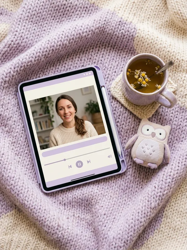 Szorongásoldás ingyenes videósorozat – tablet képernyőn látható online kurzus bagoly plüssel és kamilla teával