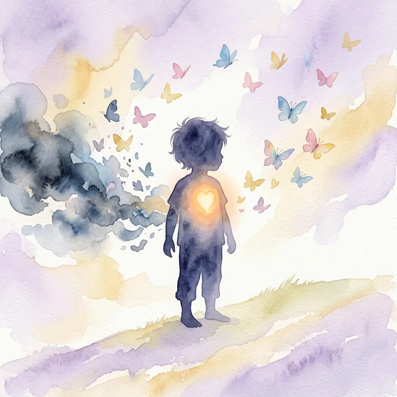 Akvarell illusztráció: kisgyermek sziluettje belső fénnyel, a félelmeket jelképező sötét felhők pillangókká alakulnak