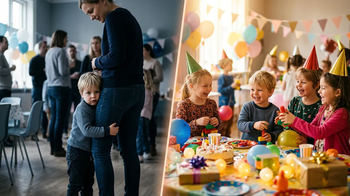 Szorongásoldás előtte-utána: félénk gyermek születésnapi zsúron vs. magabiztos, mosolygó gyermek más gyerekek között játszva