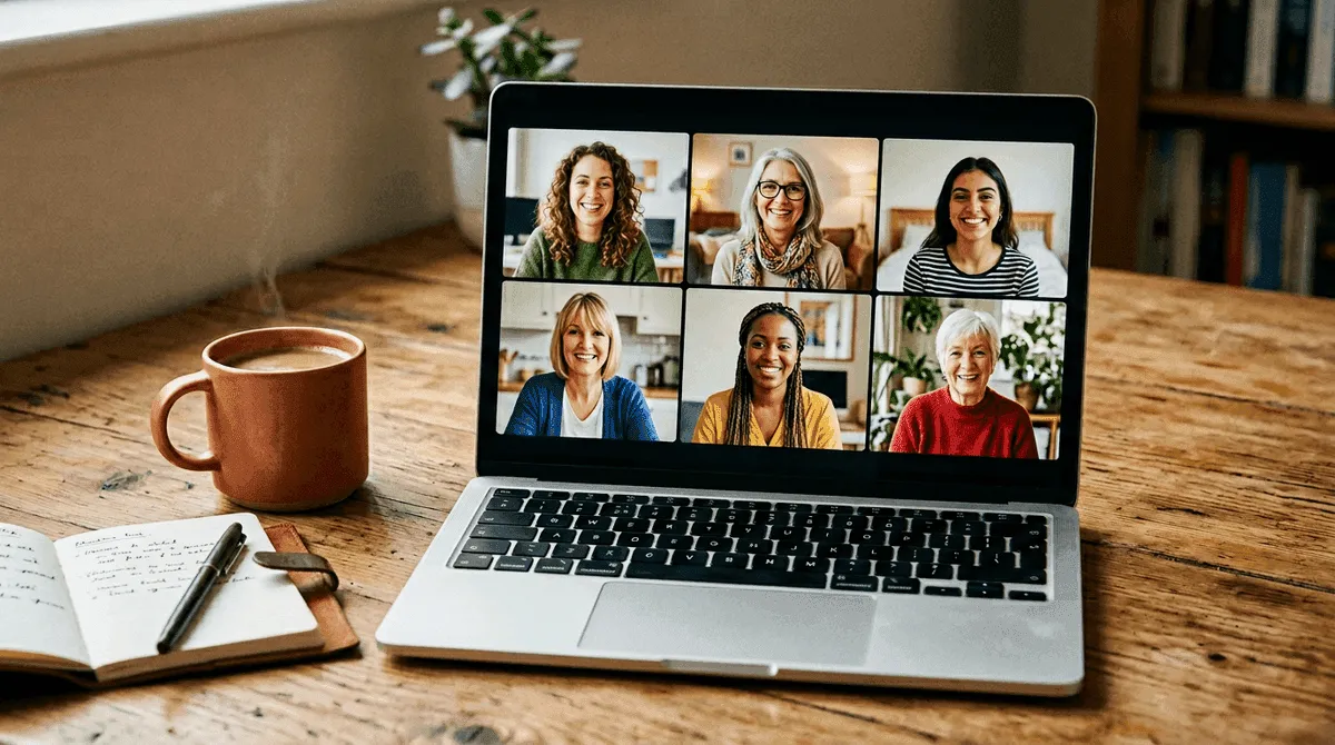 ZseniFészek közösség — laptop képernyőjén mosolygó anyukák online videóhíváson, kávéval és jegyzetfüzettel